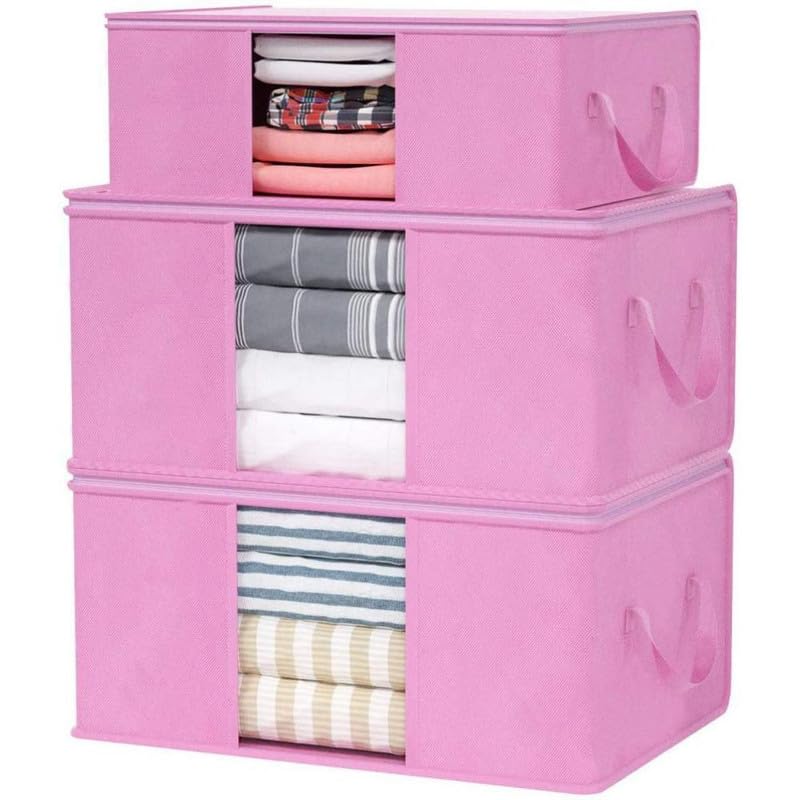 STORE MORE Non Woven Underbed Storage Bag With Side Handles Storage Organizer Blanket/Storage Bag for Wardrobe Organizer Blanket Cover with a large Transparent Window (Pink, Combo of 3)