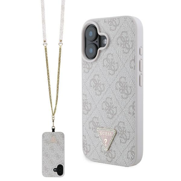 Coque iPhone 16 Guess Cuir Rigide Rose : Protection Strass et Logo Métal