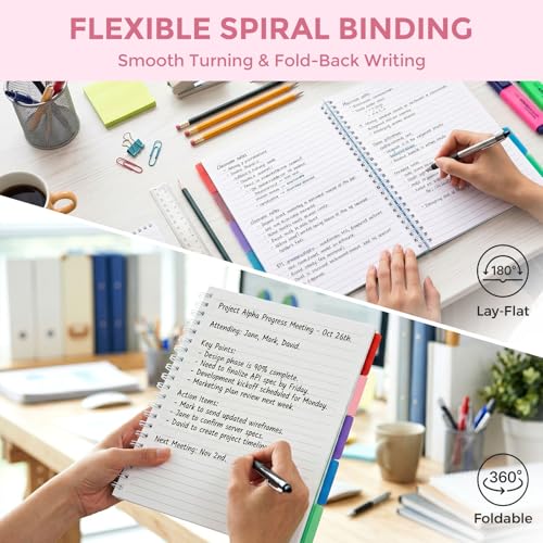 Cahier ligné A4 rose à spirale HEYPLACE avec 5 intercalaires pour notes