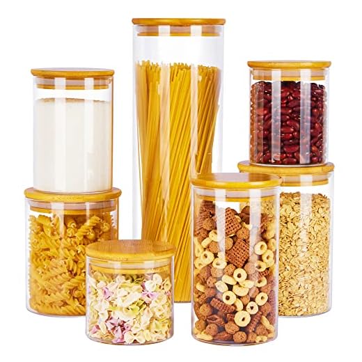 Vtopmart Glass Food Storage Jars, 7 Pack Kitchen Containers with Airtight Bamboo Wooden Lids for Pasta, Cookies, Nuts, Coffee Beans, Cereal, Canisters Set for Flour, Pantry Organization, BPA Free
