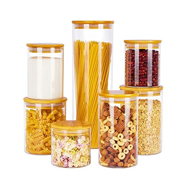 Vtopmart Glass Food Storage Jars, 7 Pack Food Containers with Airtight Bamboo Wooden Lids for Pasta, Cookies, Nuts, Coffee Beans, Cereal, Glass Canisters for Kitchen, Pantry Organization, BPA Free