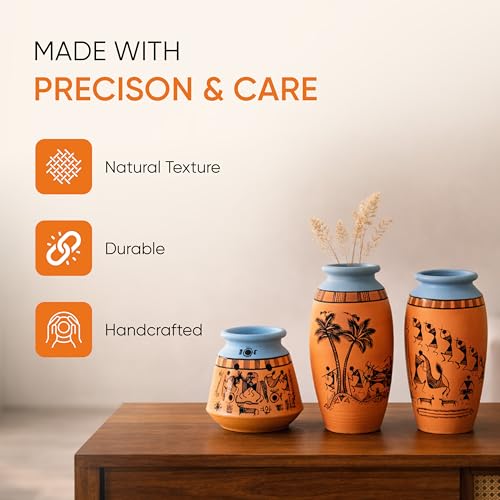 Image of Aakriti Art Creations Desert Safari Terracotta Clay Vase Set of 3 | Handcrafted Warli Art Tribal Decor for Home | Matte Finish Orange Decorative Vases for Living Room, Table Decor & Gifting