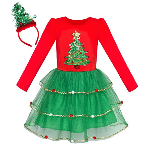 Sunny Fashion Girls Dress Reindeer Headband Santa Christmas Long Sleeve Party Dress