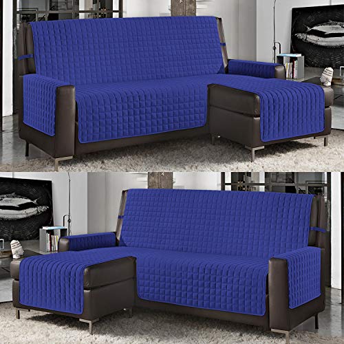 Banzaii Housse de Canapé d’Angle Réversible Matelassée avec Méridien Gauche/Droite - Protège Canapé Anti-Taches en Forme de L 4 Places 290 cm, Bleu Clair