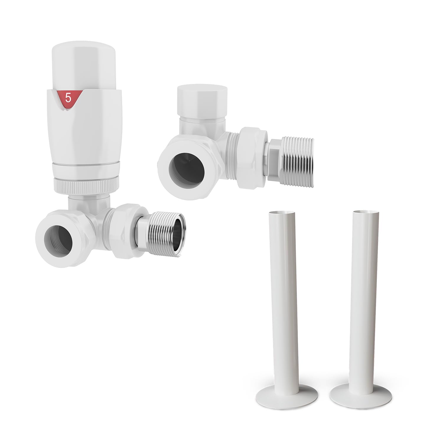 UK Radiators Thermostatic Radiator Valve + 130mm Pipe Sleeves - Energy Saving 1/2" x 15mm Brass Corner Valve - Matching White Colour