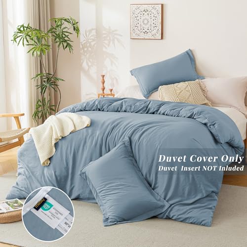 Image of MILDLY Duvet Cover Twin Ultra Soft Comforter Cover Set 2pcs, Haze Blue | Washed Microfiber Cotton-Like, Breathable Comfort, Hidden Zipper, Corner Ties, OEKO-TEX Certified, Fade Resistant