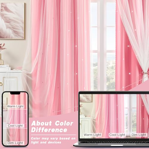 XiDi Pink Curtains for Kids Girls Bedroom 2 Panels Blackout Double Layer Curtains with Sheer 72 Inches Length for Nursery Princess Room Star Cut Out Home Decor Eyelet Window Drapes - Image 5