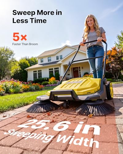 Image of VEVOR Walk-Behind Hand Push Floor Sweeper, Manual Floor Sweeper Non-Electric with 25.6 inch Sweeping Width, 5 Gallons Waste Container & Adjustable Folding Handle for Yards Walkways Patios Garages - Yellow