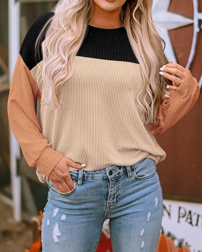 KIRUNDO Womens Spring Fashion 2025 Ribbed Long Sleeve Knit Tops Color Block Casual Loose Crewneck Pullover Shirts Clothing3