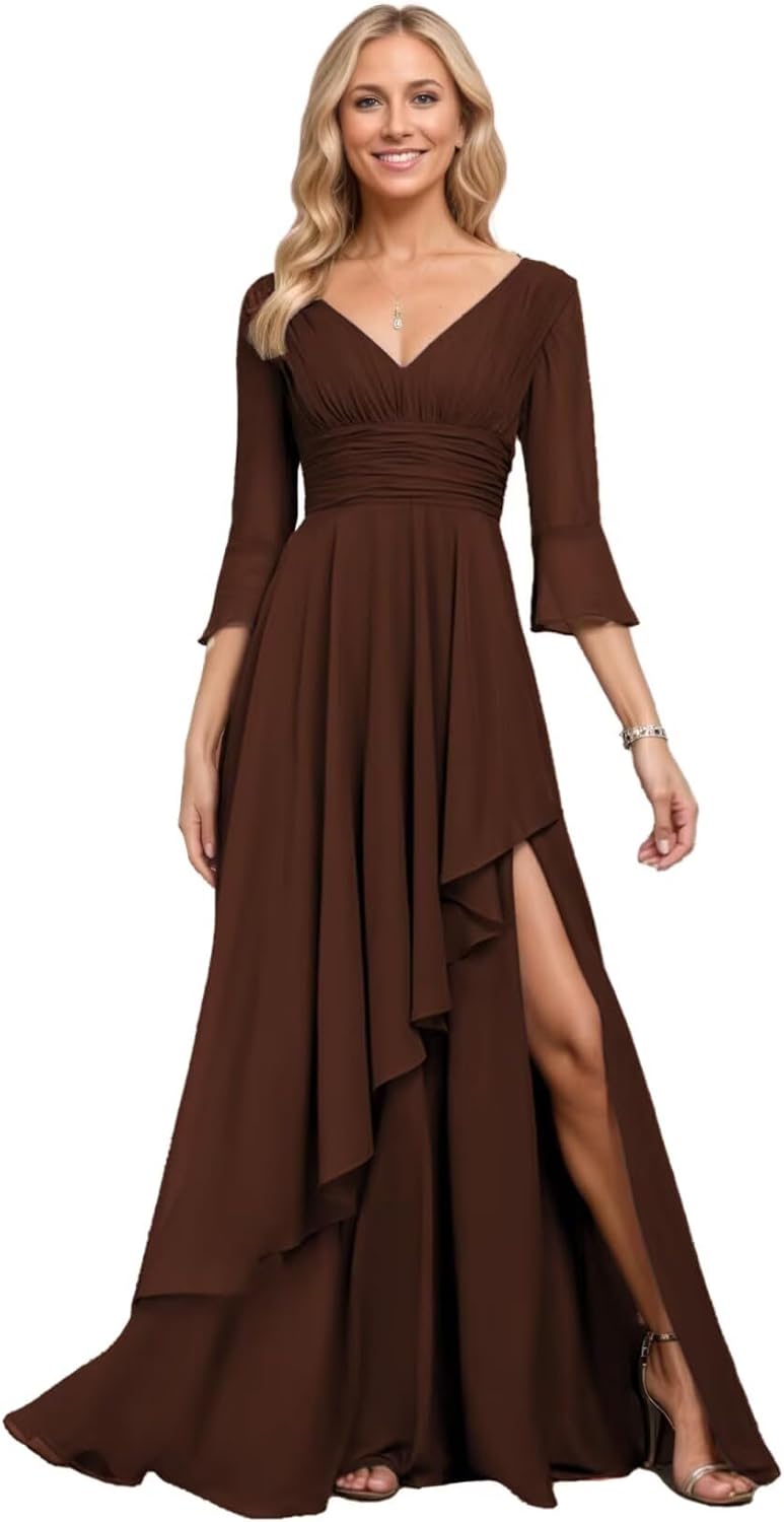Half Sleeve Mother of The Bride Dresses for Wedding Long Chiffon Ruffles Formal Evening Gown with Slit