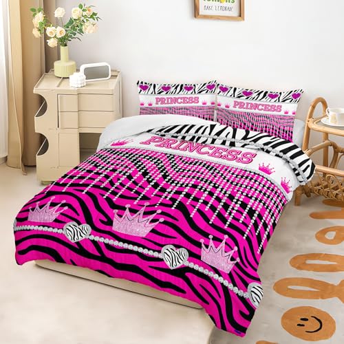 Image of AILONEN Hot Pink Princess Comforter Queen Size with 2 Pillowcases,Zebra Stripes Bedding Set 3Pcs for Girls,Glitter Crown & Heart Quilt Set for Home Decor