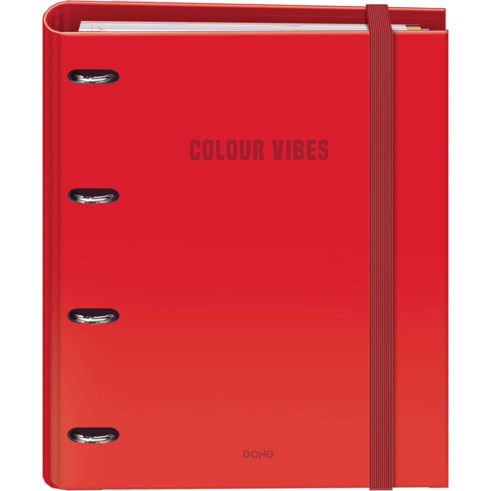 Dohe - Binder with Refill - 4-Ring Folder, A4 (28x32 cm), 100 Sheets 5x5 mm Grid Paper, 4 Colour Dividers, Extra Storage Pocket and Elastic Closure - Colour Vibes Red