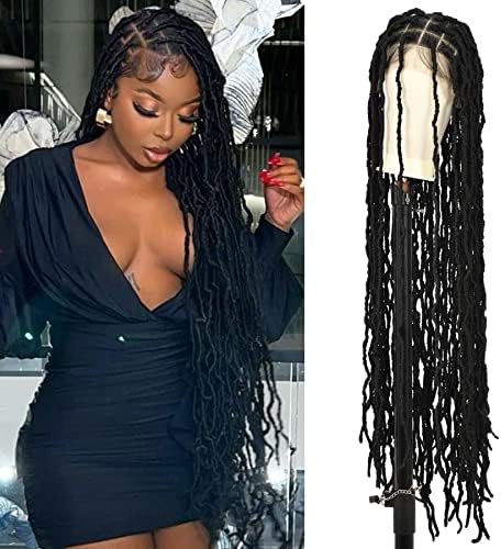 Olymei 40 Inches Full Double Lace Front Square Knotless Locs Braided Wigs for African American Women Loc Braid Wig With Baby Hair Black Synthetic Lace Frontal Braid Wigs(1B)