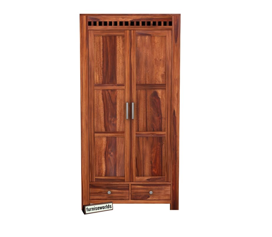 Image of Sheesham Wood Wardrobe with 2 Drawer and 4 Shelves Storage for Bedroom Wooden Almirah for Clothes for Living Room Bedroom Home, Solid Wood Furniture (Honey Finish)