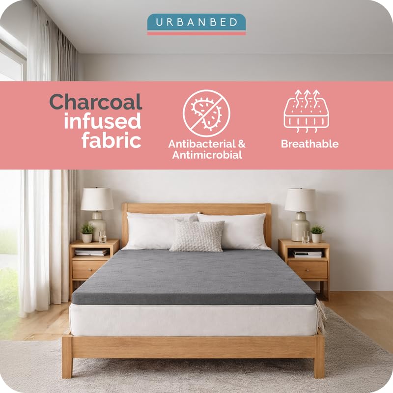 Image of UrbanBed Cool Gel Memory Foam Mattress Topper Double Bed 75x48 | 2 inch Thick Bed Topper | Plush 3-Zone Design Mattress Pad | Ideal for Back & Side Sleepers | Charcoal Cover | 5 Years Warranty