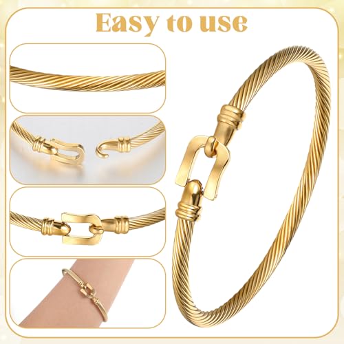 Stylish Stainless Steel Twisted Cable Wire Bracelet Gold Adjustable Hook Clasp Bangle for Women Trendy Vintage Cuff Jewelry Birthday Anniversary Party Wedding Everyday Wear2