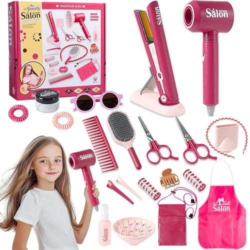 Golgner Juego de peluquería para niños, 22 unidades, juego de peluquería y neceser de maquillaje, juguetes de peluquería para niños, kit de juguetes de peluquería para niños, con secador de pelo,