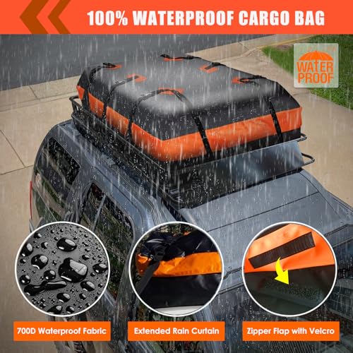 Roof Rack Carrier Carrier Basket 65"*39"*6"+Waterproof Bag 20 Cubic Feet(51"*40"*17"),and Cargo Net with Attachment Hooks,Ratchet Straps.200 Lbs Capacity,Universal Rooftop Small Size Roof Rack by MeeFar - Image 7
