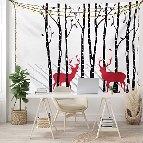 Ambesonne Antlers Tapestry, Deer Tree Forest Holiday Theme Flying Leaves Branch Reindeer Winter Print, Wide Wall Hanging For Bedroom Living Room Dorm, 80" X 60", White Black Red #TOP5