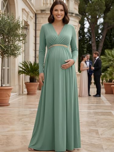 Image of KOH KOH Womens Maternity Long Sleeve V-Neck Flowy Winter Maxi Dress Gown