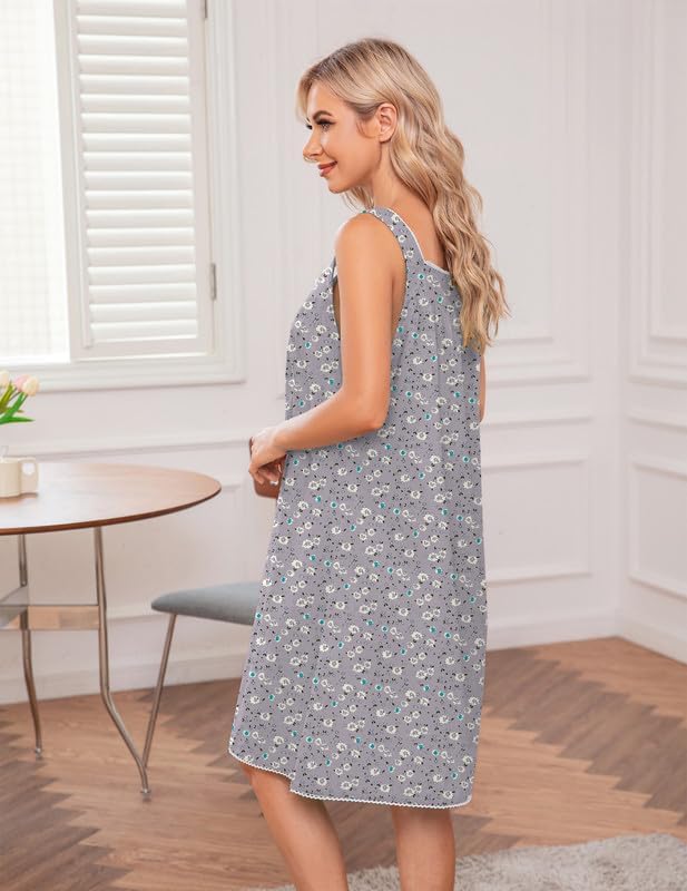 Ekouaer Women's Nightgown Sleepwear Sleeveless Sleep Dress V Neck Sleepshirt with Button Light Purple White Flower L - Image 4