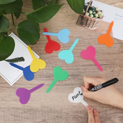 Image of HASTHIP 100-Count Colorful Heart-Shaped Plant Tags, 1.8'' Weatherproof PP Plant Label Name Tags for Garden, Herb, and Flower Pot Use
