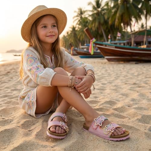 Image of CUSHIONAIRE Lily Girl Toddler Sandals with Adjustable Gold Tone Star Buckles and Cushioned Cork Footbed Slip On Girls Slides for Kids