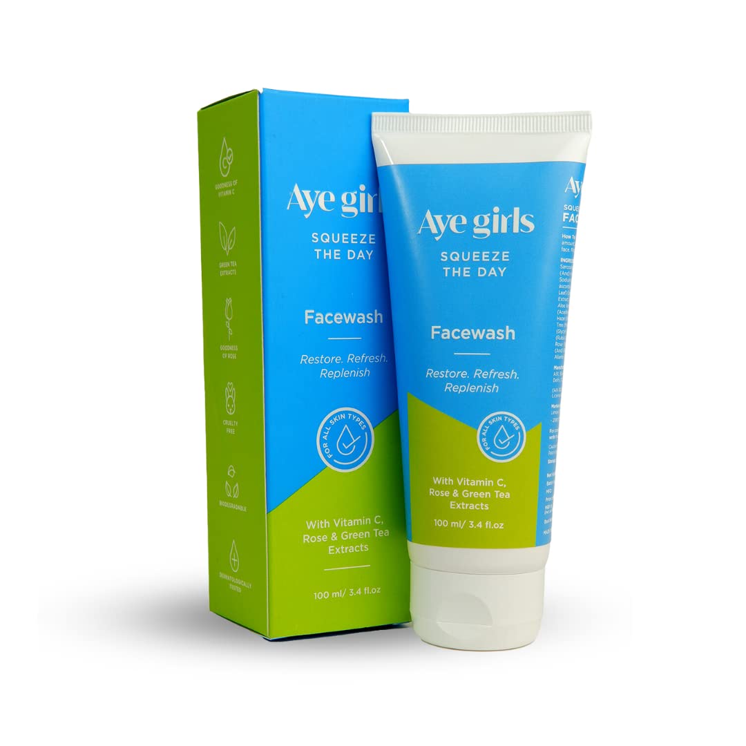 Aye Girls Face wash with Vitamin C, Rose, Green Tea & Aloe Vera Extracts for Oily, Sensitive, Dry Skin | Hydrating & Refreshing | Bright, Clear & Nutrified Skin | 100% Vegan | 100 ml