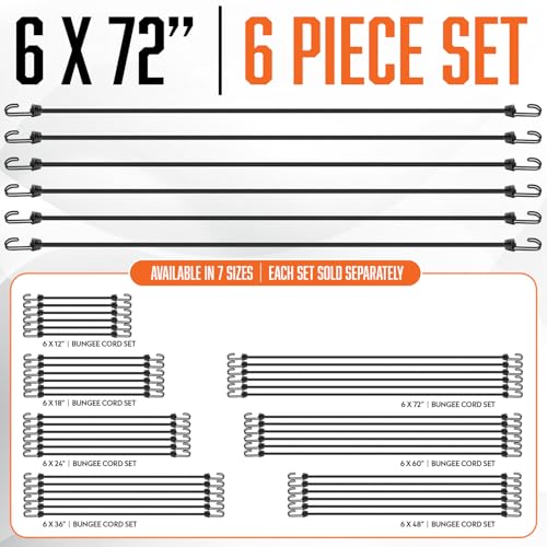 Image of Extra Long Bungee Cords with Hooks - 6Pcs Heavy Duty Outdoor 72 Inch | 6 ft UV & Weather Resistant Strong Bungie Chords - Black Bunjee Straps - Large Bungy Cord Set 200lb Strength