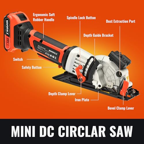 NovorikX 20V Mini Circular Saw Cordless 4-1/2" with Laser 3400RPM, 2 Saw Blades with Rip Guides, Max Cutting Depth 1-11/16" (90°), 1-1/10" (45°) for Wood,Soft Metal, Plastic, Drywwall, Tile Cuts - Image 2
