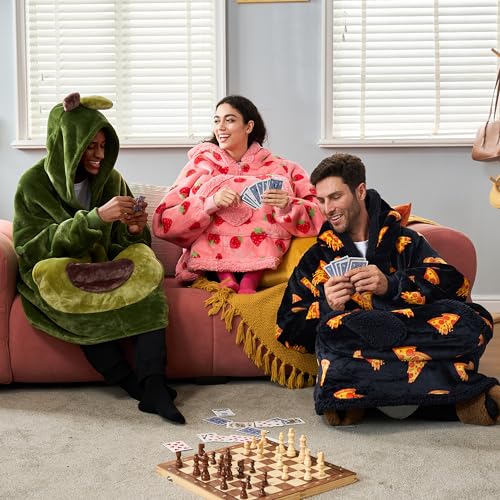 Image of Giggling Getup Wearable Blanket Hoodie for Adults Gifts for Teen Girls Sister Women Sherpa Fleece Printed Hooded Blanket Sweatshirt Warm Cozy with Pocket & Sleeves Black Pizza