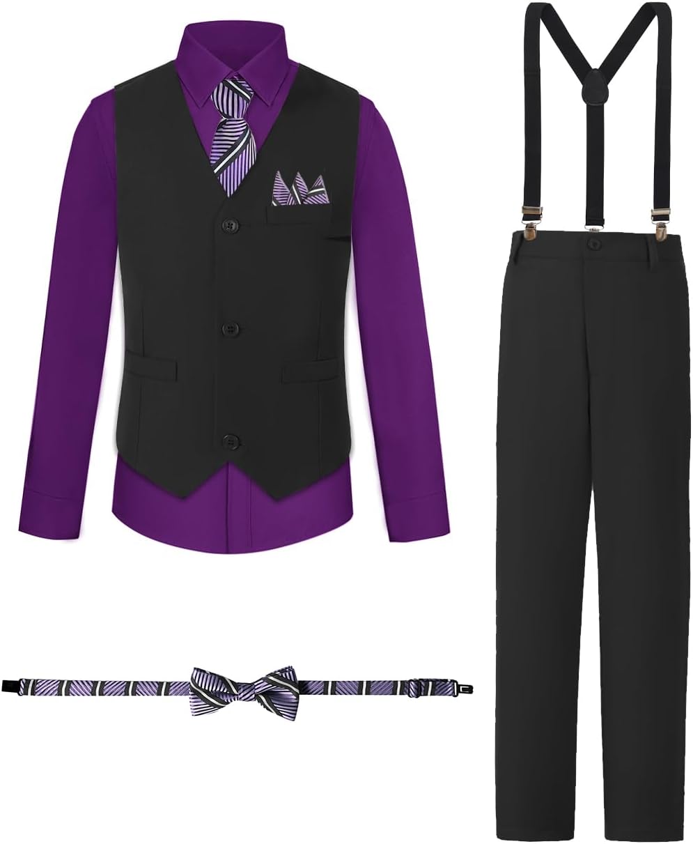 Boys Suits Formal Dress Vest and Pants Set for Kids Teens Boy, with Shirt Bowtie and Suspenders, Adjustable Waist