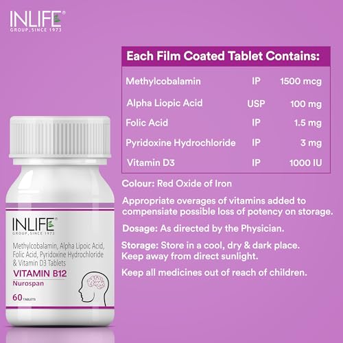 Image of INLIFE Vitamin B12 (Methylcobalamin) 1500mcg Supplement with ALA, Folic Acid, Vitamin D3 | Nerve and Brain Health for Men & Women - 60 Tablets(Pack Of 1, 60)