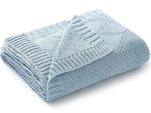 Hadetoto Baby Blanket Soft 100% Cotton Knitted Baby Cellular Blanket for Newborn Boy Girls - Blue, Crib