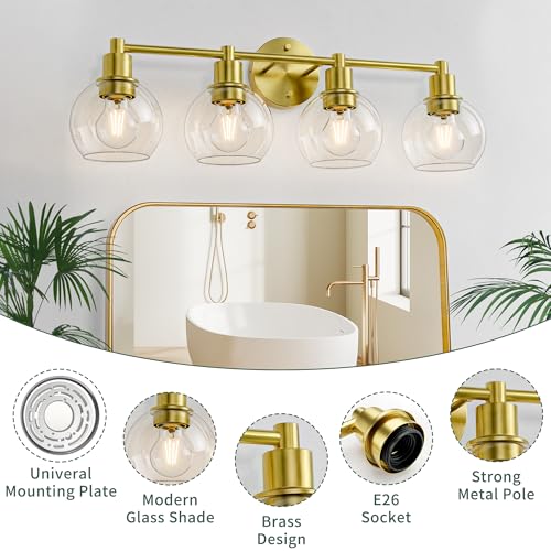 Image of 4 Light Bathroom Light Fixtures, Brushed Brass Bathroom Vanity Lights, Modern Vanity Lights 4-Light Globe Bathroom Vanity Lighting Fixture Over Mirror