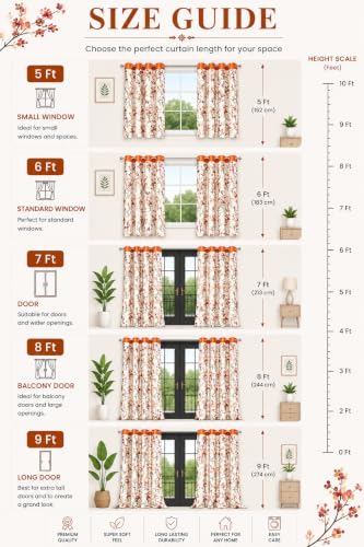 Image of Floral Printed Long Door Curtains for Living Room & Bedroom, Premium Polyester Eyelet Door Parde, Light Filtering & Privacy Curtains for Home, 9 Feet Long, Orange & White, Set of 2