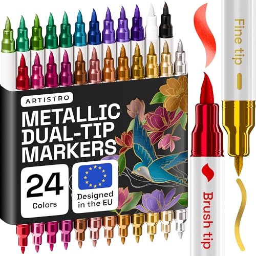 Artistro 24 Metallic Acrylstifte Dual Tip (Pinsel & Fein) Marker für Stoff Leinwand Stein Glas Holz Kalligrafie Scrapbooking Zubehör DIY & Geschenk für Kinder und Jugendliche Kunstset