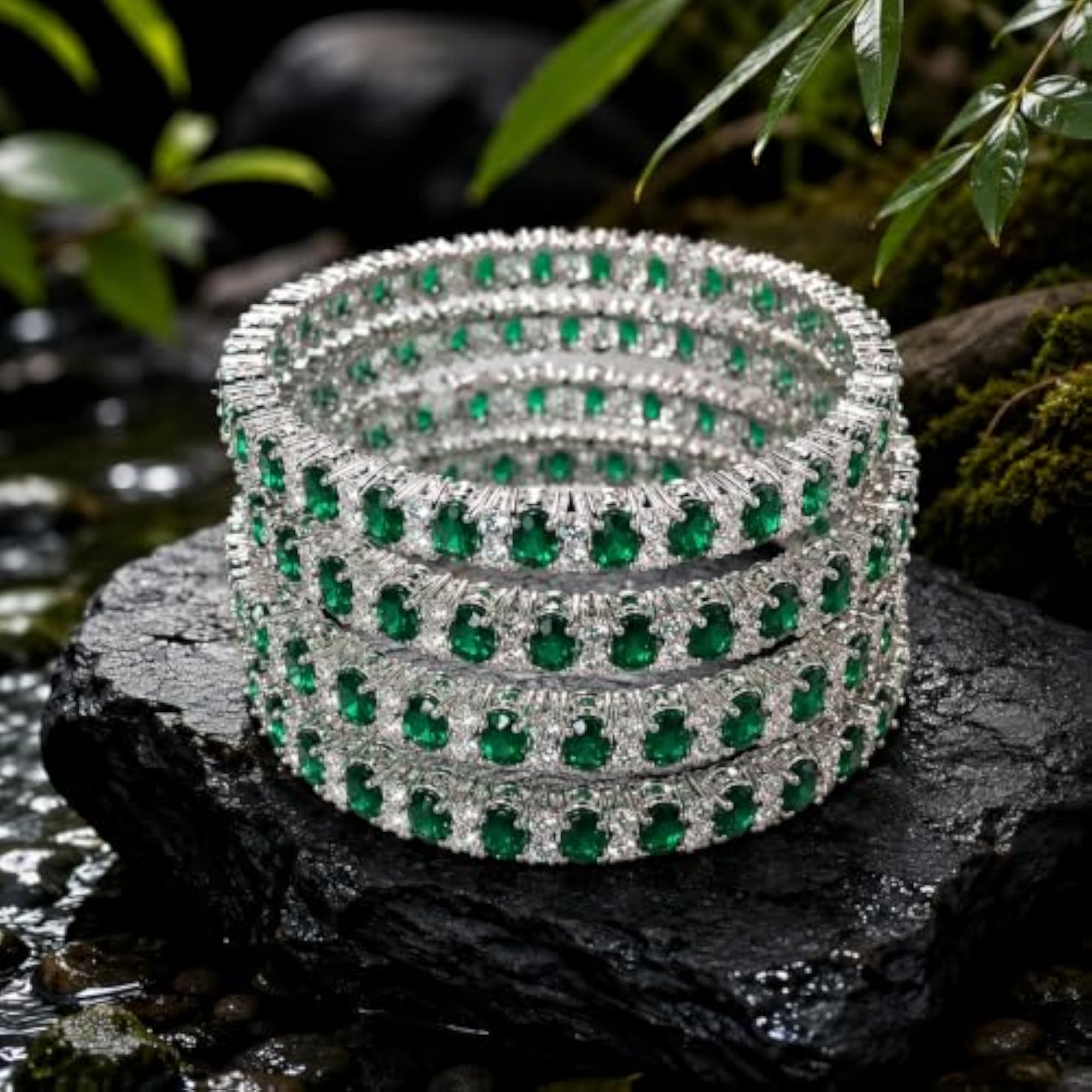 Art Jewellery Classic American Diamond Green Oval Stone Bangles