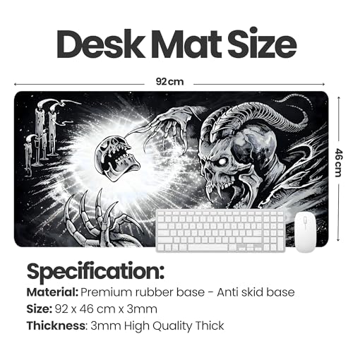 Image of Dark Skull Extended Desk Mat 458 x 915 mm | Premium Desk Mat with Stitched Edges | 3mm Thick Non-Slip Desk Pad for Gaming, Office & Workstation