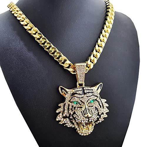 Iced Gold Plated Large Simulated Diamond Tiger Head Bling Pendant & 10mm 18" 20" 24" 30" Cuban Chain Hip Hop Rapper Jewelry Necklace3