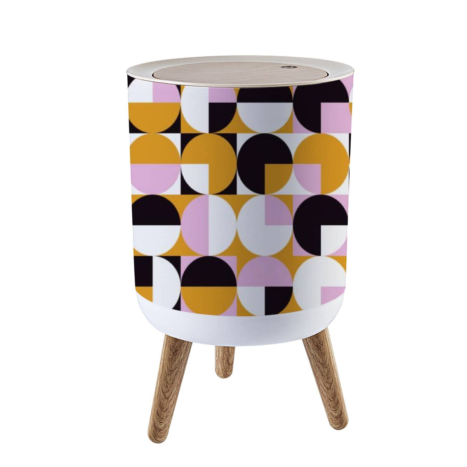 Amazon.com: Small Trash Can with Lid Mid Century Abstract Design Stock Garbage  Bin Wood Waste Bin Press Cover Round Wastebasket for Bathroom Bedroom  Office Kitchen : Industrial & Scientific