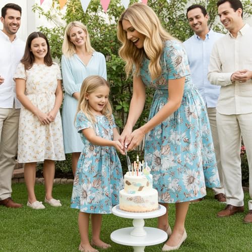 Image of Mommy and Me Floral Dresses Mother Daughter Matching Short Sleeve Tshirt Midi Dress Crew Neck Outfits with Pockets