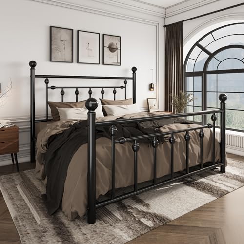 Image of SHA CERLIN 14 inch Queen Size Metal Platform Bed Frame /Victorian Headboard and Footboard /Steel Slats Mattress Foundation for Storage /No Box Spring Needed /Noise Free /Black