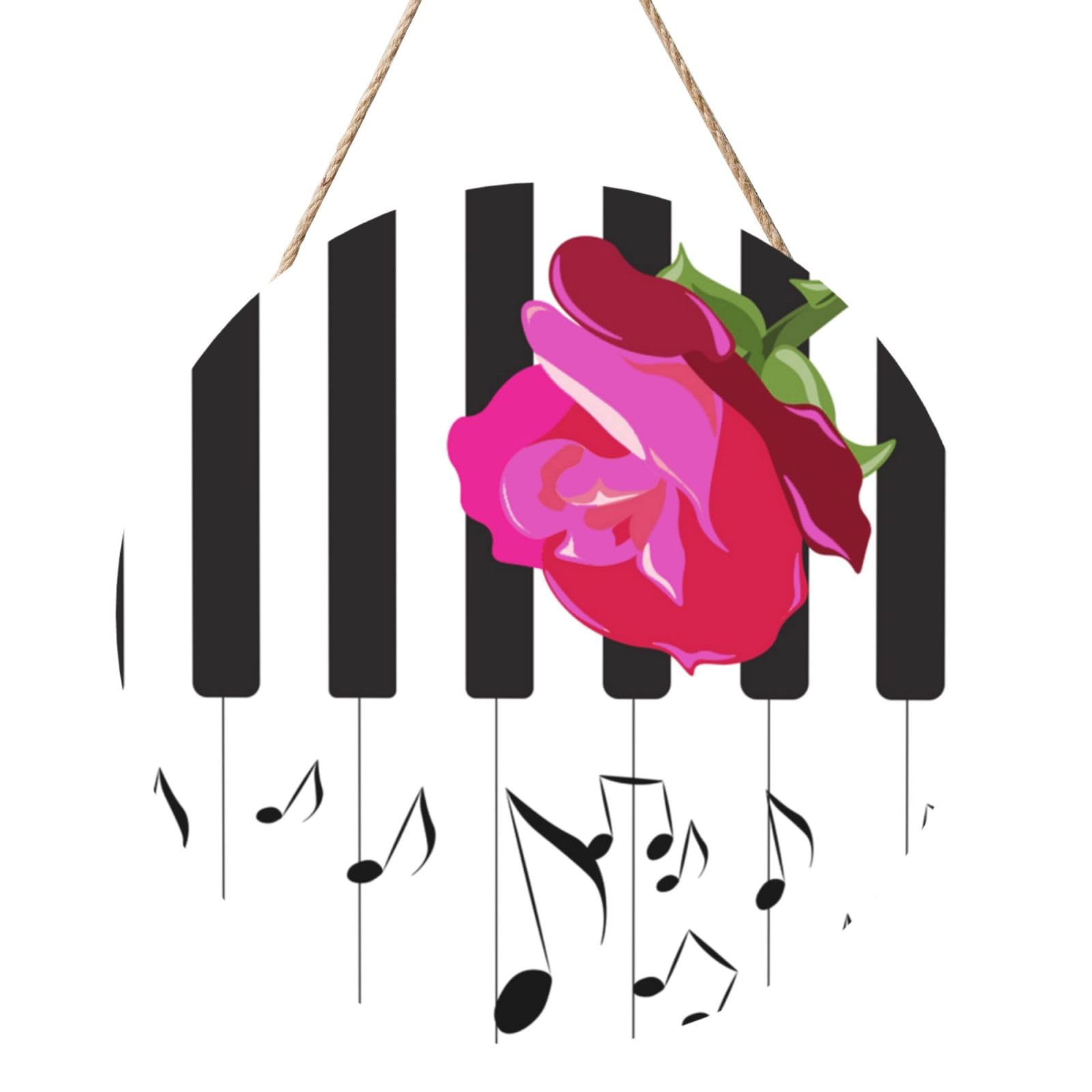 InOmak Abstract Piano Music And Red Rose Flowers, Round Wood Panel Painting 12 in, Wall Hanging Painting For Home