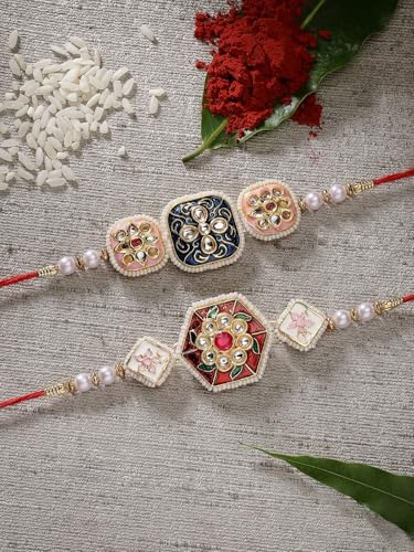 Image of Sukkhi Rakhi Traditional Kundan & Pearls Designer Meenakari Gold Plated Premium Rakhi for Brother With Roli Chawal & Greeting Card | Rakhi for Brother /Bhaiya /Bhai /Men|Rakhi Combo-Set of 2|CBRAK106942
