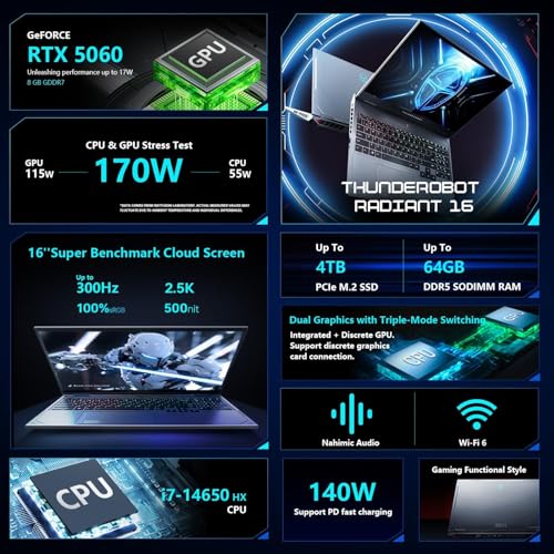 Image of Thunderobot Radiant 16 5060 Gaming Laptop, 16 inch QHD+ 300Hz 2.5K Display, Core i7-14650HX, NVIDIA GeForce RTX 5060, 16GB DDR5 RAM, 1TB SSD, RGB Backlit Keyboard, Wi-Fi 6, Win11 Home