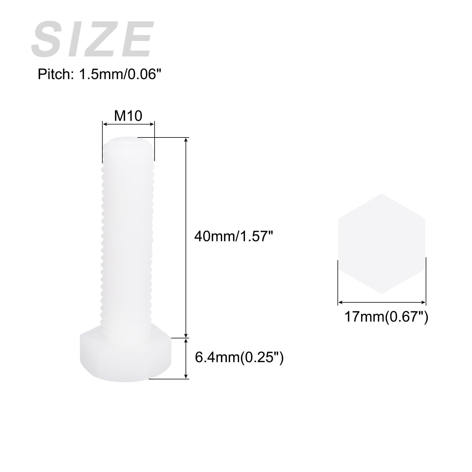METALLIXITY Nylon Hex Bolts (M10-1.5x40mm) 15Pcs, Plastic Coarse Fully Threaded Metric Hex Head Cap Screw Bolt - Image 2