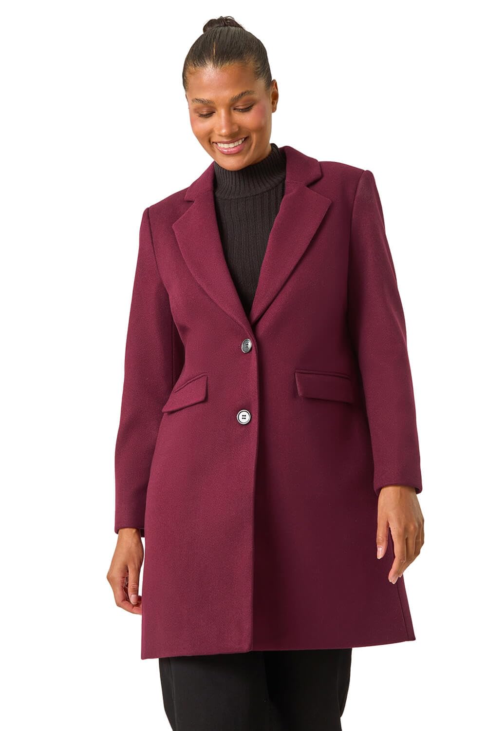 Roman Originals Tailored Single Breasted Coat for Women UK - Ladies Everyday Autumn Winter Comfy Soft Evening Vacation Work Party Night Out - Plum - Size 16