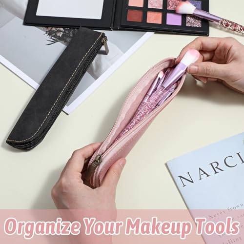 Image of simarro Leather Pencil Case, 2pcs Small Pencil Pouch Portable Zipper Bag Cute Slim Makeup Bag Soft Simple Office Stationery Pouches for Women Men Markers Change Coins(Black+Pinke)