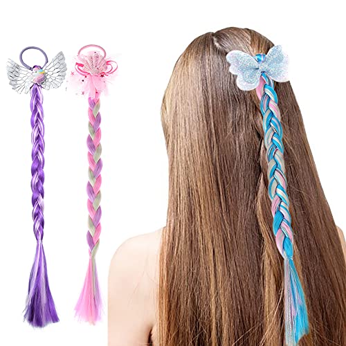 Bunte Haarteile 4 Stücke Mädchen Haarverlängerungen Zubehör Farbverlauf Geflochtene Haare Bunte Perücken Pferdeschwanz Haar für Kinder Mädchen Kinder Regenbogen geflochtene Haarsträhnen für Party